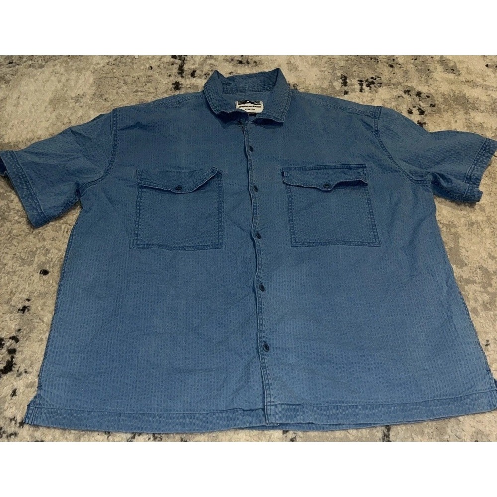 American Eagle Button Mens Sz Large Blue Cotton Stretch Seersucker Casual